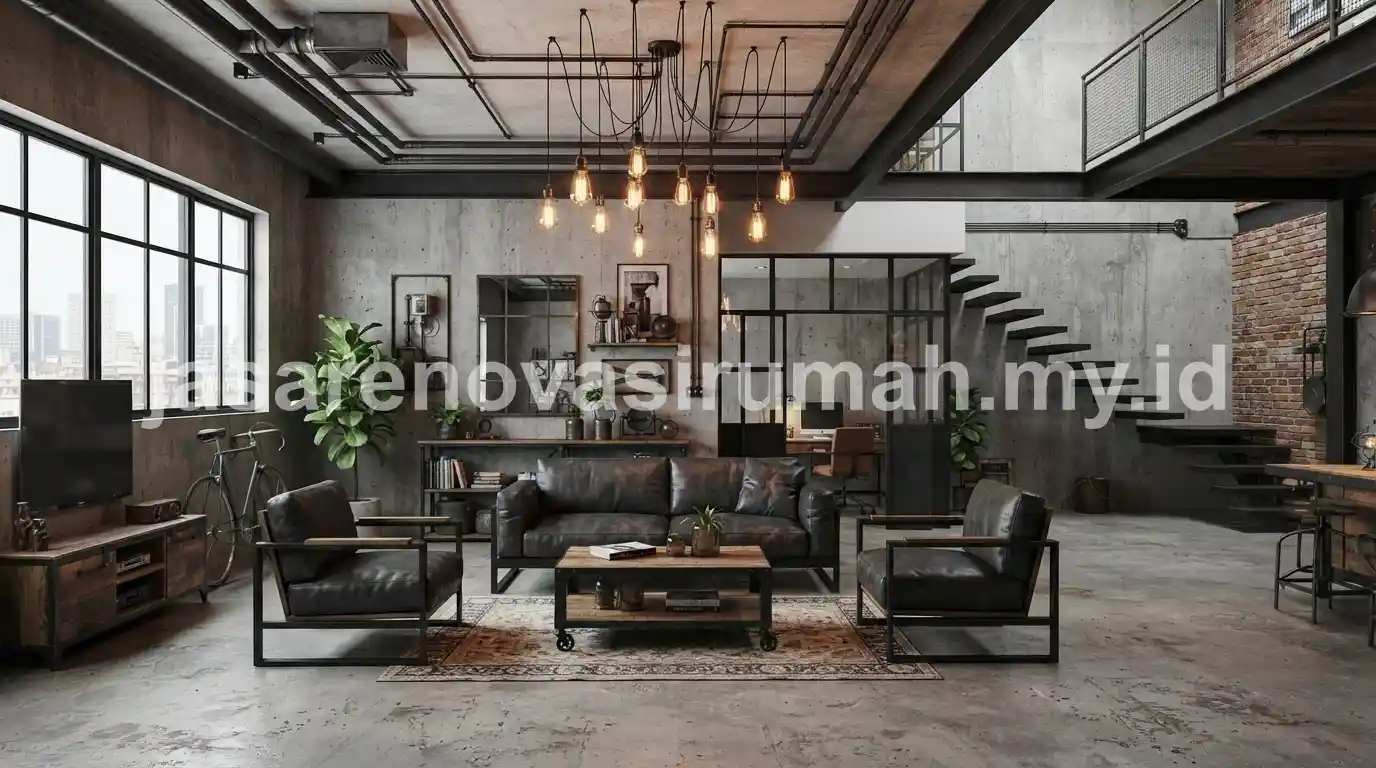 Interior rumah industrial dengan pipa terbuka dan besi hollow