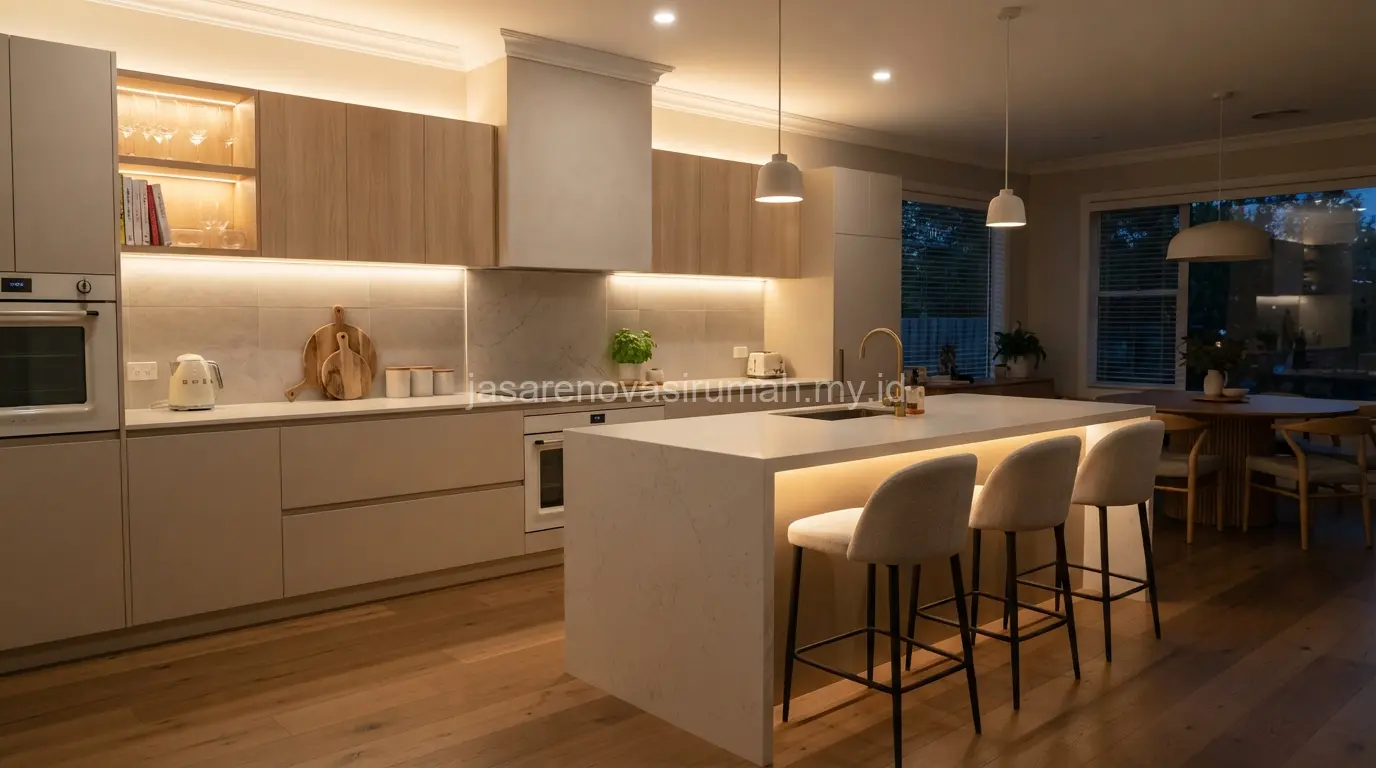 Kitchen set warna netral dengan pencahayaan tersembunyi