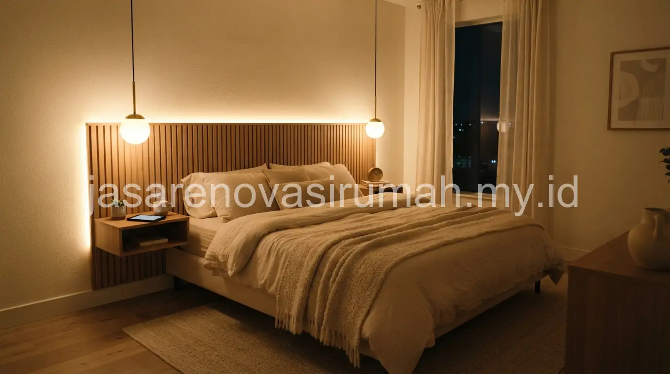 Pencahayaan hangat pada kamar tidur minimalis