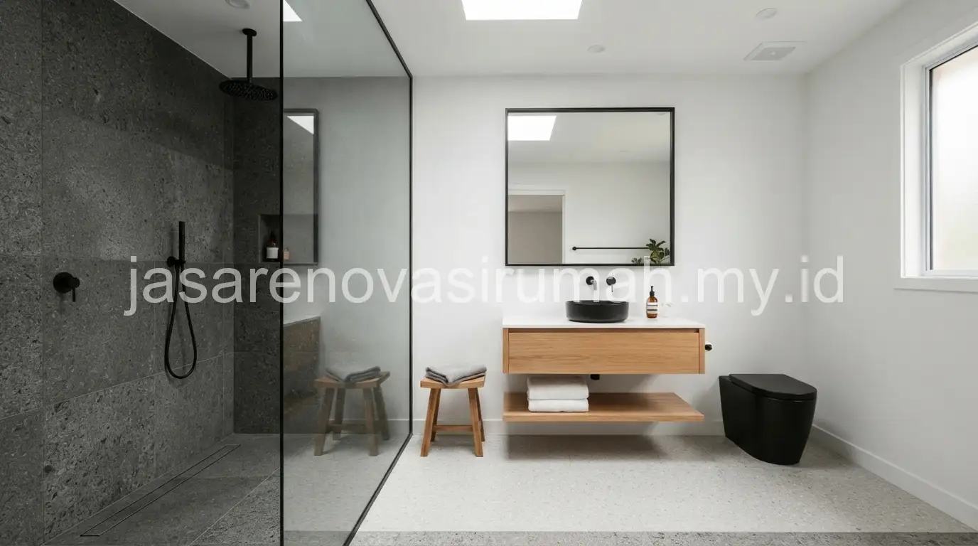 Shower area dengan partisi kaca pada kamar mandi minimalis