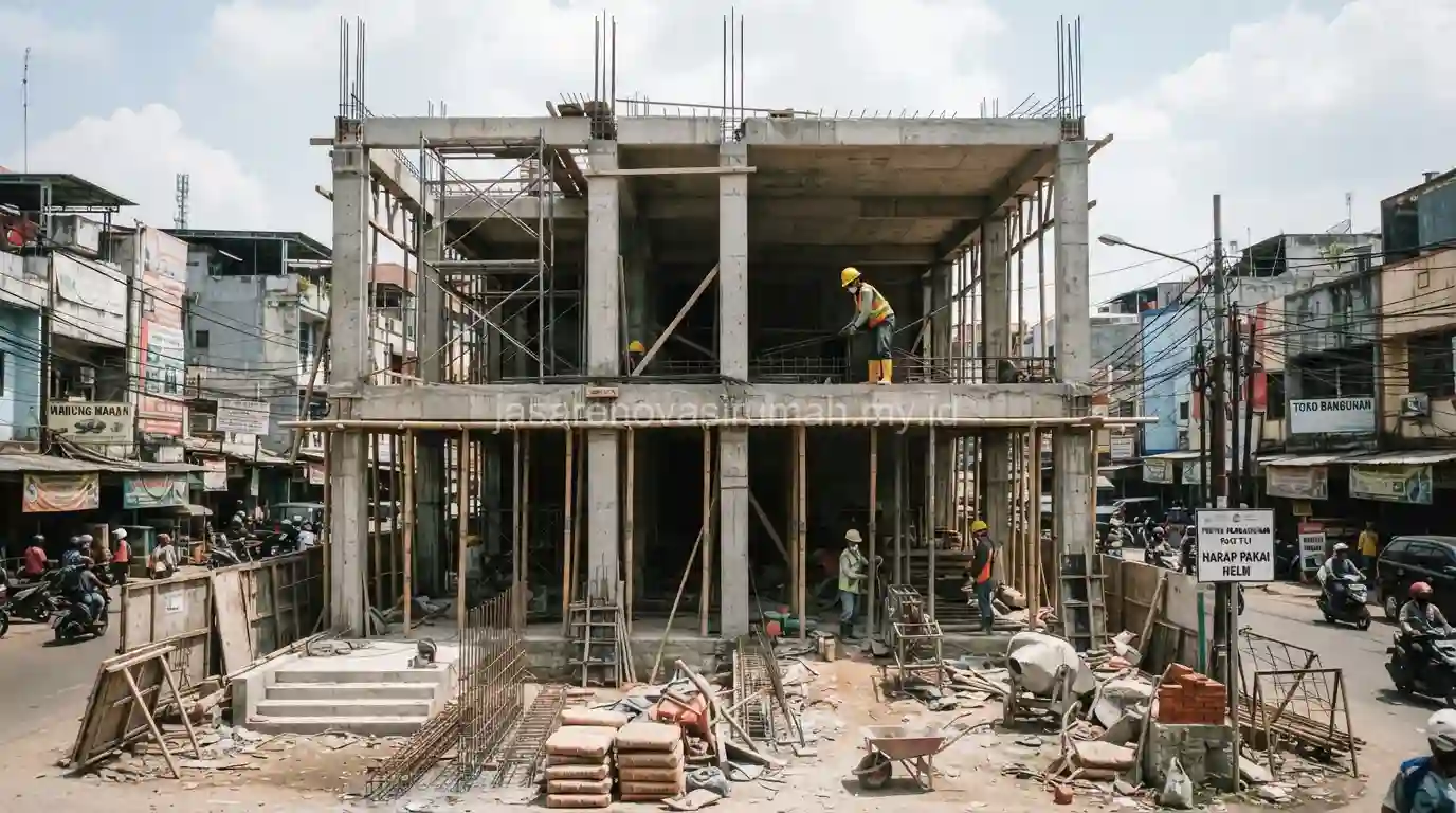 Struktur ruko 3 lantai dalam proses pembangunan