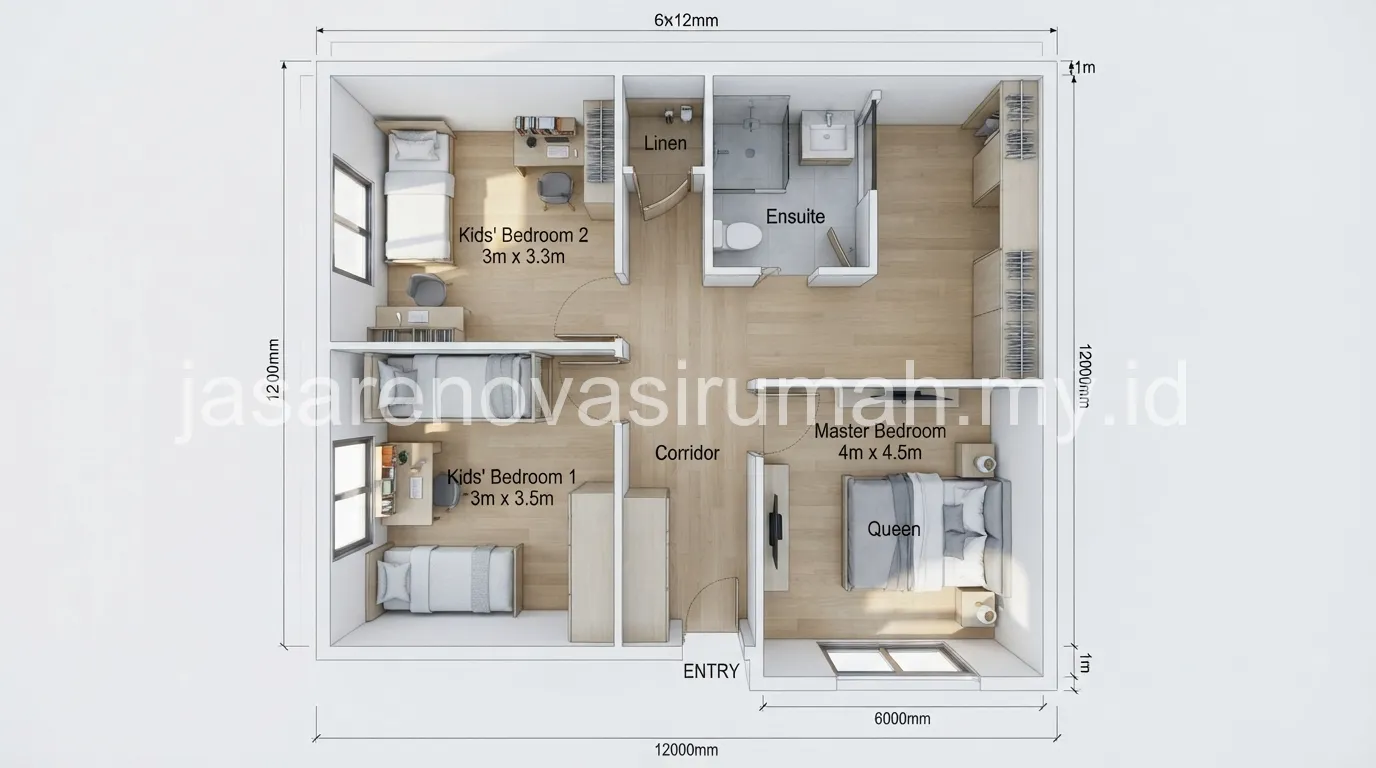 Tata letak kamar tidur pada lahan 6x12 meter